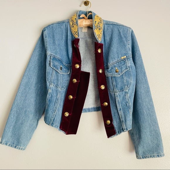 Caché vintage 80s double breasted coin button jean jacket with velvet placket - Picture 1 of 16